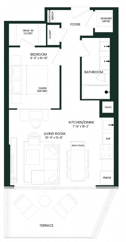 Floor plan for 1 bed, 1 bath, 638 sqft
